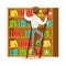 Man With Ladder Searching For A Book On Bookshelf, Smiling Person In The Library Vector Illustration