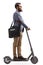 Man with a laptop case going to work with an electric scooter