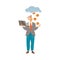 Man with Laptop Having Coins Falling Down from Cloud Vector Illustration