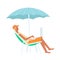 Man with laptop sitting in lounge chair under umbrella cartoon style