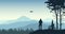 Man launches a drone. Videographer takes a landscape and nature. Forest, trees, mountains. Silhouette vector illustration