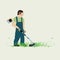 Man and lawn mower