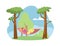 Man lay in hammock, cartoon vector illustration. Person swing and relax at hammock stretched between pine trees.