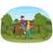 Man leading the horse with the woman riding on it vector illustration.