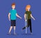 Man with leg prosthesis and woman walking with crutches