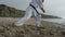 Man legs stepping making karate exercise close up. Man training combat skills.