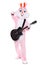Man in life size easter bunny costume plays music on guitar. Funny hare or rabbit guitarist smiles, playing song
