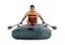 Man in life vest rowing inflatable rubber boat on white