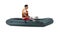 Man in life vest rowing inflatable rubber boat on white background