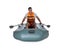 Man in life vest rowing inflatable rubber boat on white background