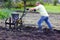 A man in a light jacket and jeans in the garden harvests potatoes using a cultivator. Agricultural work in the garden in the fall.