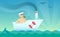 A man like the Sea captain sailing in a boat bathtub on the sea. A humorous fun illustration of the concept poster on