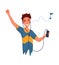 Man listening to music. Hand dancing of cartoon young character with earphone. Joyful people wearing headphone. Using