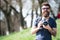 Man with long beard busy with shooting photos. Photographer concept. Man bearded hipster photographer hold vintage