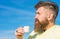 Man with long beard enjoy coffee. Coffee gourmet concept. Man with beard and mustache on strict face drinks coffee, blue