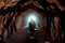 Man looking into deep humid water cave with spotlight at the end