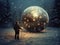 Man looking at a giant Christmas decoration ball. Winter trees covered by snow, night sky over the forest. Fairy tale fantasy
