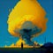 man looking at nuclear explosion blue yellow colors