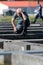 Man looking into tank on industrial fish farm