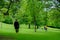 A man looks back apprehensively at a woman playing with a white greyhound dog in the Princes Street Gardens in Edinburgh