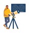 Man looks through telescope. Cartoon male studying stars. Home hobby. Astronomical constellation chart hanging on wall