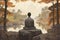 A man in the lotus position meditates on the shore of a lake in a Chinese village at sunset sitting on the rocks. Meditation and