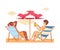 Man Lounging on Deck Chair Under Umbrella on Beach Enjoying Summer Vacation and Seaside Rest Vector Illustration