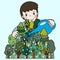 The man love natural try to protect environment, mountain, tree, grow seed, watering . Cute vector illustration of landscape