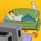 Man lying on couch watching TV comic book style