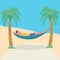 Man lying in a hammock attached to palm trees. Lazy vacation, downshifting, freelance. Freedom in tropical resort