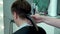 Man machine barbershop young haircut getting adult male salon hairdresser, from professional style for client and