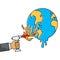 Man-made climate crisis metaphor, hand holding torch lighter next to earth globe, global warming, cartoon, simple abstract graphic