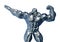 Man made of steel doing a bodybuilder pose number thirteen in a white background