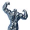 Man made of steel doing a bodybuilder pose rear ou back view in a white background close up view
