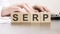 man made word SERP with wood blocks on the background of the office table. selective focus. business concept.