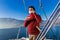 Man makes a coffee break on sailboat