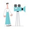 A man makes a video or movie with the camera. Video marketing web concept.