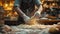 A man making dough in a commercial kitchen with flour and water, AI