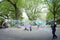 Man making huge soap bubbles in Central Park in New York