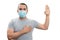 Man making oath gesture with hands wearing medical surgical mask