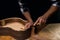 Man making a spanish guitar. Hands working wood