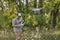 Man manages quadrocopters. Remote control for the drone in the hands of men. Unmanned aerial vehicle