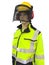 Man mannequin in protective clothes overalls and yellow helmet i