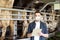 Man in mask with clipboard and cows on dairy farm