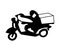 Man with mask is delivering goods on motorcycle. Concept of contactless delivery. Logo of quarantine delivery in black.