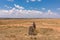 Man masked standing beside Stone showing the border of the Serengeti and Maasai Mara Triangle National Game Reserve Park And Conse