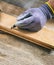 Man measuring on the work bench. Carpenter gloved hand closeup