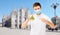 Man in medical mask with coronavirus sign in italy