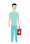 Man in medical suit and mask with medic bag. Illustration with doctor in uniform. Flat concept to prevent virus COVID-19. Jpeg