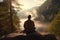 Man meditating in lotus position on a rock in the forest, A man practicing mindfulness and meditation in a peaceful natural